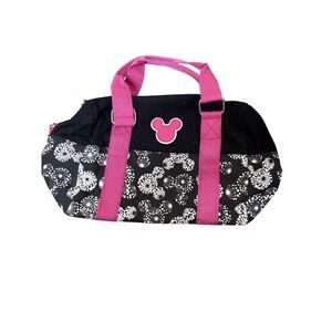 Disney Parks Duffle Bag Womens Small Black Mickey Mouse Print Pink Handles Gym